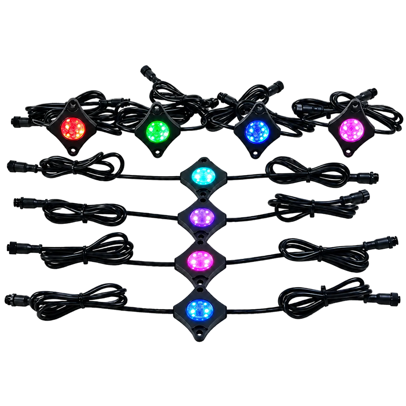 Six black LED light strips with coiled black cables, each featuring a diamond-shaped housing and a different illuminated color: red, green, blue, pink, cyan, and magenta, arranged on a gray checkered background.