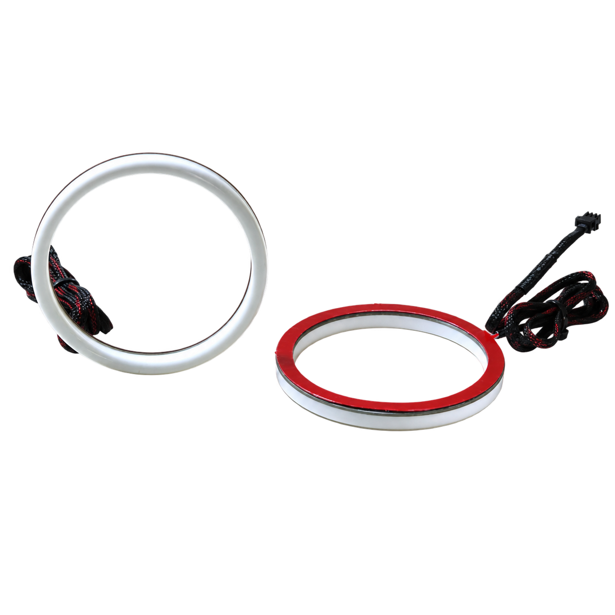 A white circular ring light accessory shown disassembled on a plain white background, with two black wiring cords visible and a red inner ring component.