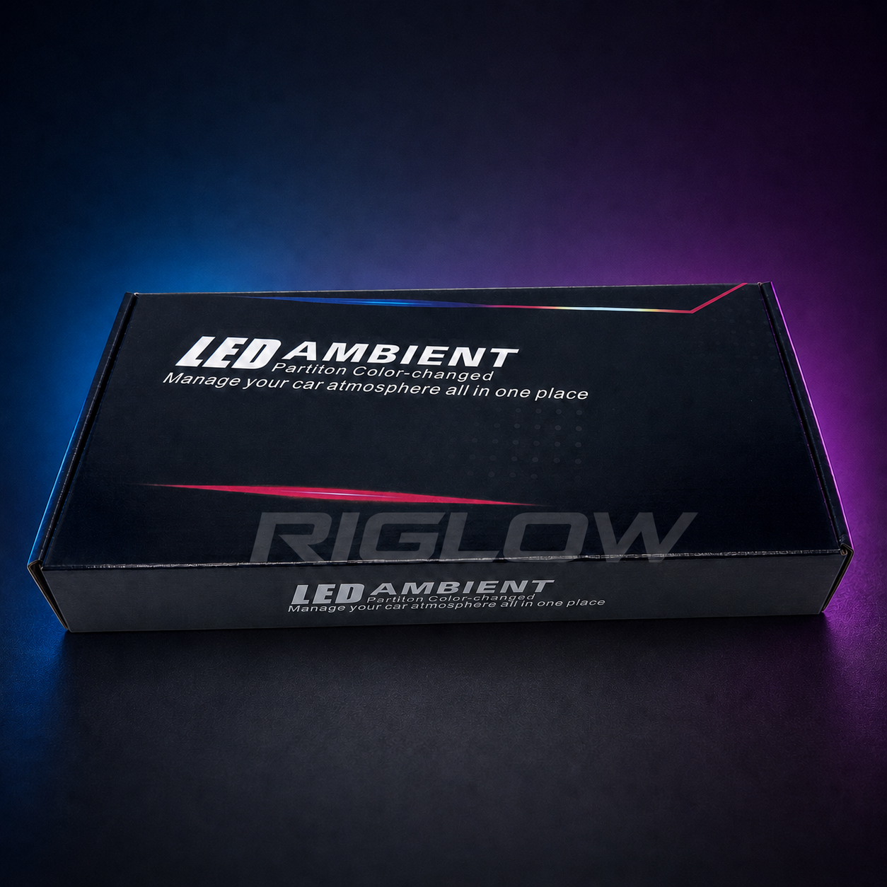 A black product box for RIGLOW LED Ambient car atmosphere controller, featuring white text and red accent lines, set against a dark background with blue and purple neon lighting.