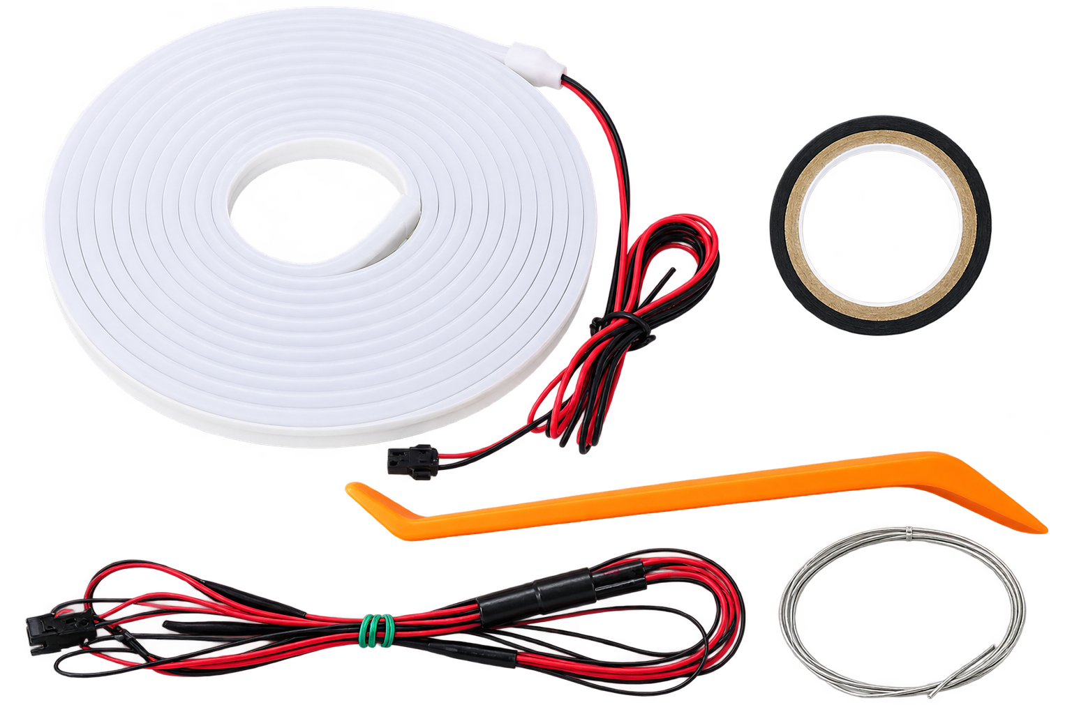 An LED light strip kit with a coiled white flexible light strip, red and black wires with connectors, a black tape roll, an orange plastic tool, and a metal wire loop, all on a white background.