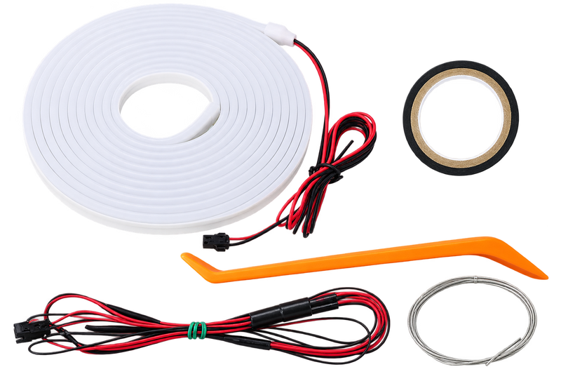 An LED light strip kit with a coiled white flexible light strip, red and black wires with connectors, a black tape roll, an orange plastic tool, and a metal wire loop, all on a white background.