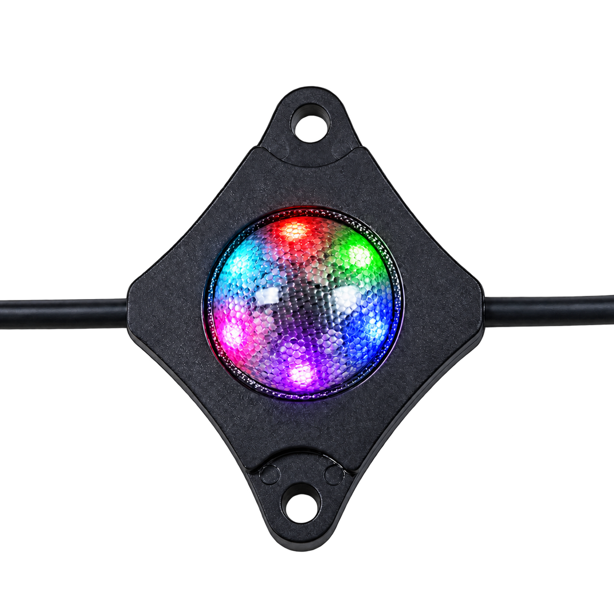 A black square-shaped LED light bar with a central circular cluster of multicolor LEDs, shown on a clean white background with a black cable extending horizontally.