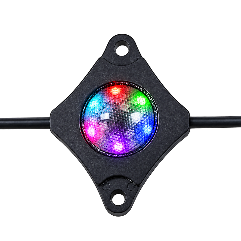 A black square-shaped LED light bar with a central circular cluster of multicolor LEDs, shown on a clean white background with a black cable extending horizontally.