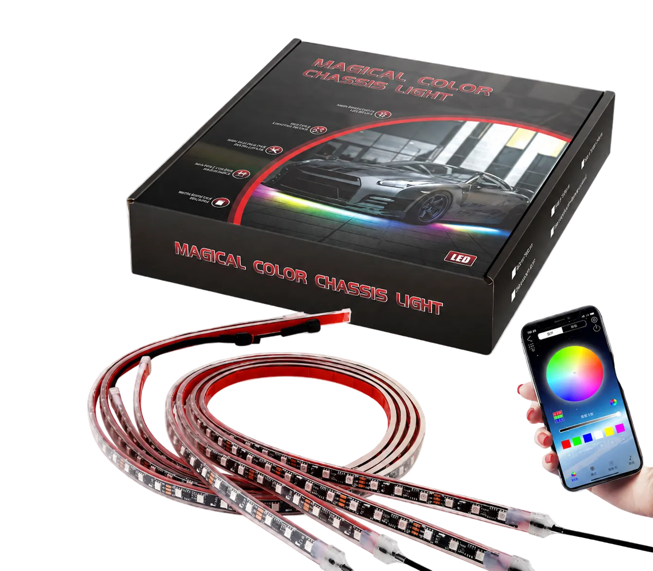 Magic Color Chase LED light strip shown with its black retail box, coiled flexible strip, and a hand holding a smartphone app controller on a transparent/checkered background.